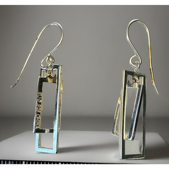 Modern .925 Sterling Silver Double Open Rectangle Earrings With Shepherd Hooks - Picture 1 of 4